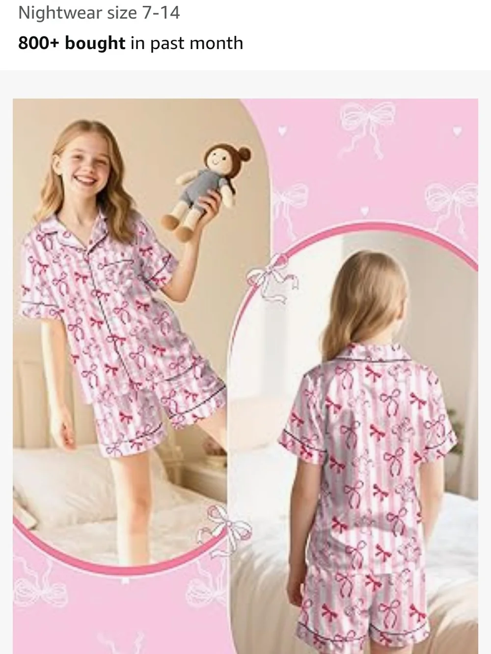 Amazon Pink Bow-Print Satin Short Pajama Set for Kids